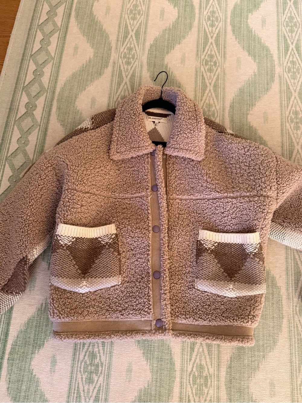 Blank NYC Beige Sherpa Puffer Jacket with Patterned Front Pockets